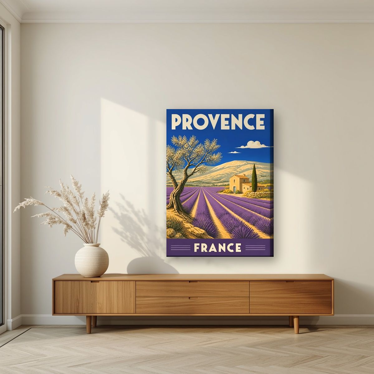 Champs de Lavande — Provence art print, on slim canvas, styled in a living room