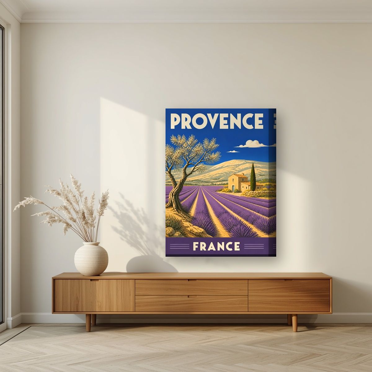 Champs de Lavande — Provence art print, on thick canvas, styled in a living room