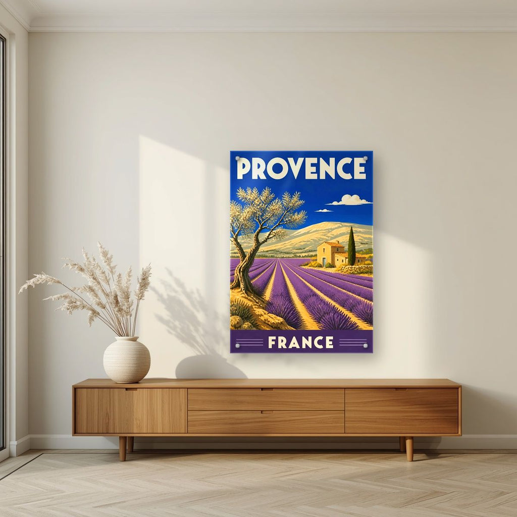 Champs de Lavande — Provence art print, as an acrylic print, styled in a living room