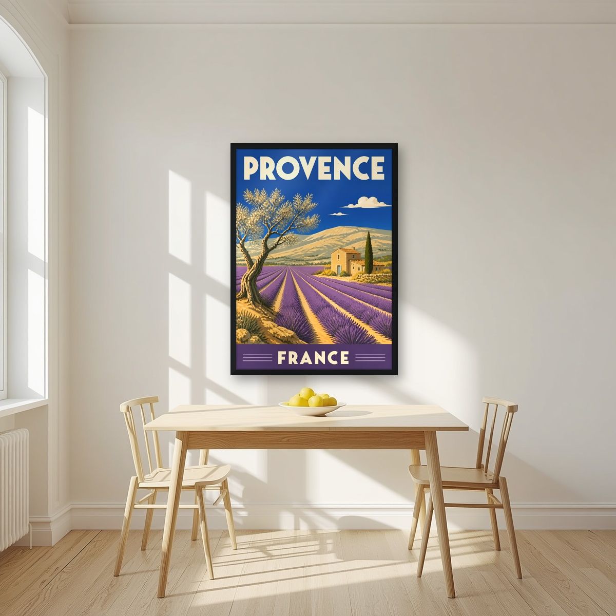 Champs de Lavande — Provence art print, in a black frame, styled in a kitchen