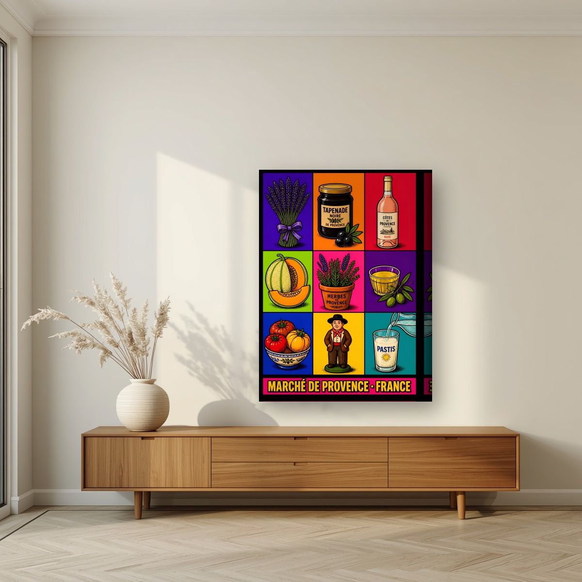 Marché de Provence — Provence art print, on thick canvas, styled in a living room