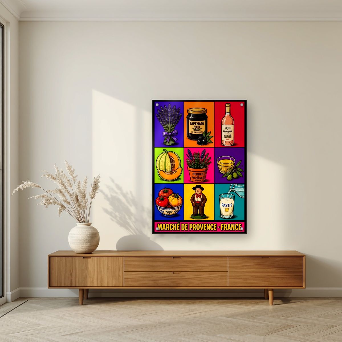 Marché de Provence — Provence art print, as an acrylic print, styled in a living room