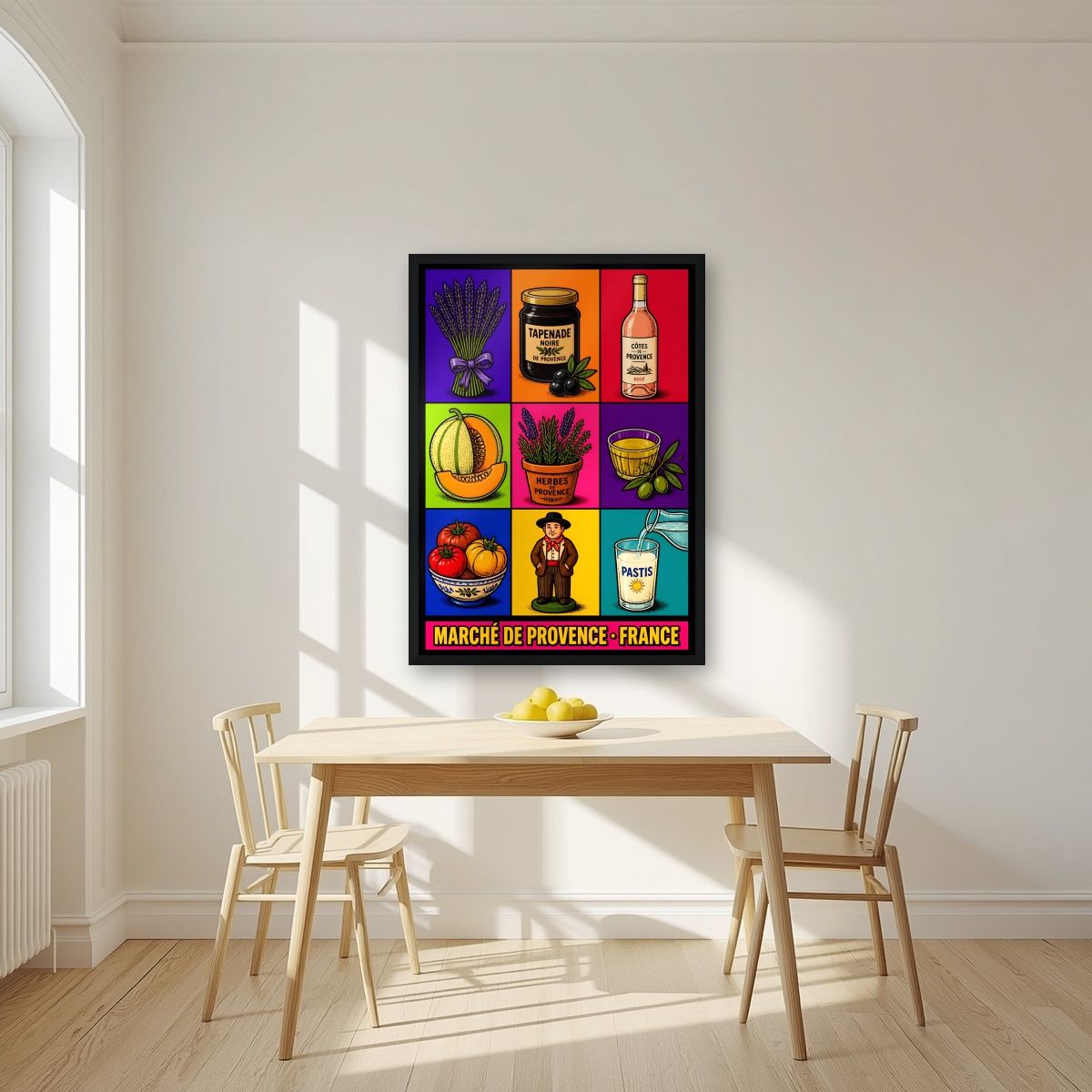 Marché de Provence — Provence art print, in a black frame, styled in a kitchen