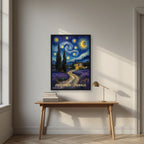 Nuit Étoilée — Provence art print, in a black frame, styled in a desk