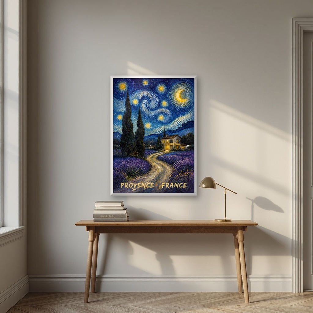 Nuit Étoilée — Provence art print, in a white frame, styled in a desk