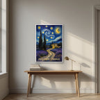 Nuit Étoilée — Provence art print, in a white frame, styled in a desk
