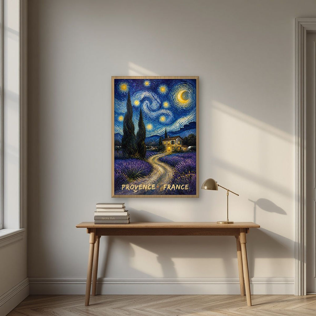 Nuit Étoilée — Provence art print, in an oak frame, styled in a desk