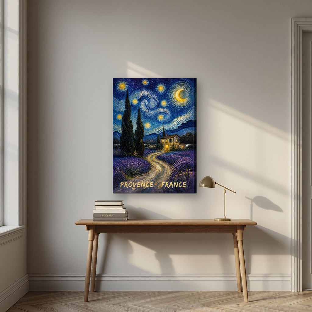 Nuit Étoilée — Provence art print, on slim canvas, styled in a desk