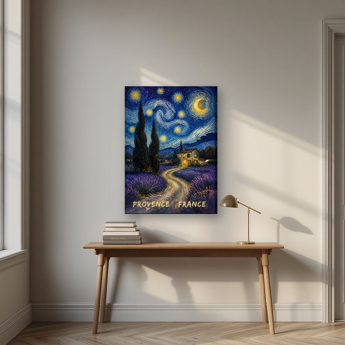 Nuit Étoilée — Provence art print, on slim canvas, styled in a desk