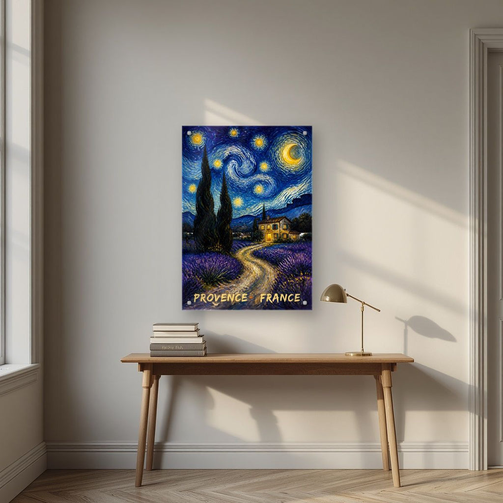 Nuit Étoilée — Provence art print, as an acrylic print, styled in a desk