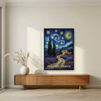 Nuit Étoilée — Provence art print, in a black frame, styled in a living room