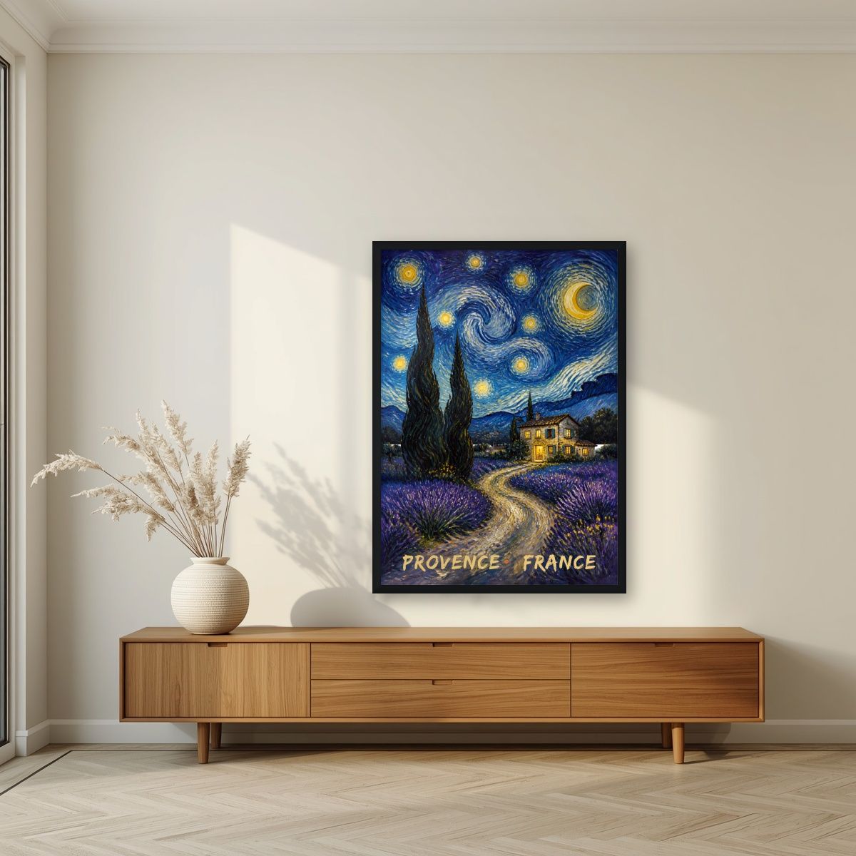 Nuit Étoilée — Provence art print, in a black frame, styled in a living room