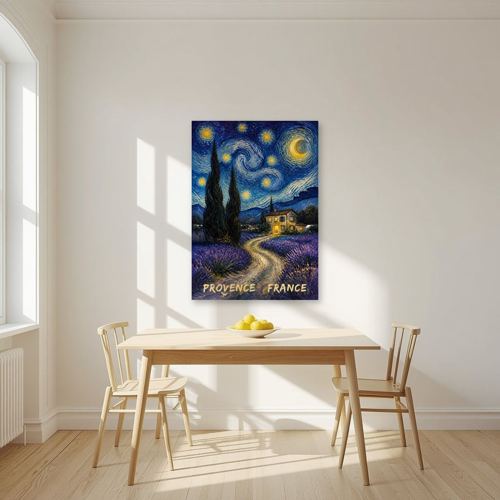 Nuit Étoilée — Provence art print, unframed poster, styled in a kitchen