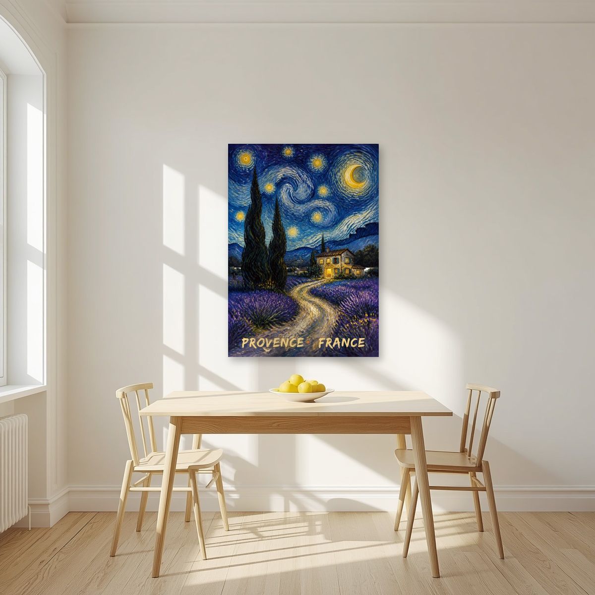 Nuit Étoilée — Provence art print, unframed poster, styled in a kitchen