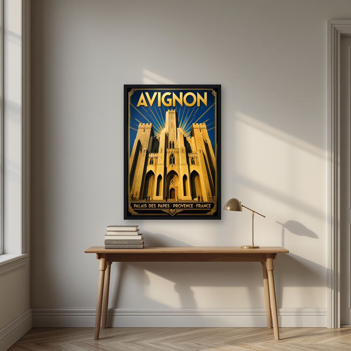 Palais des Papes — Provence art print, in a black frame, styled in a desk