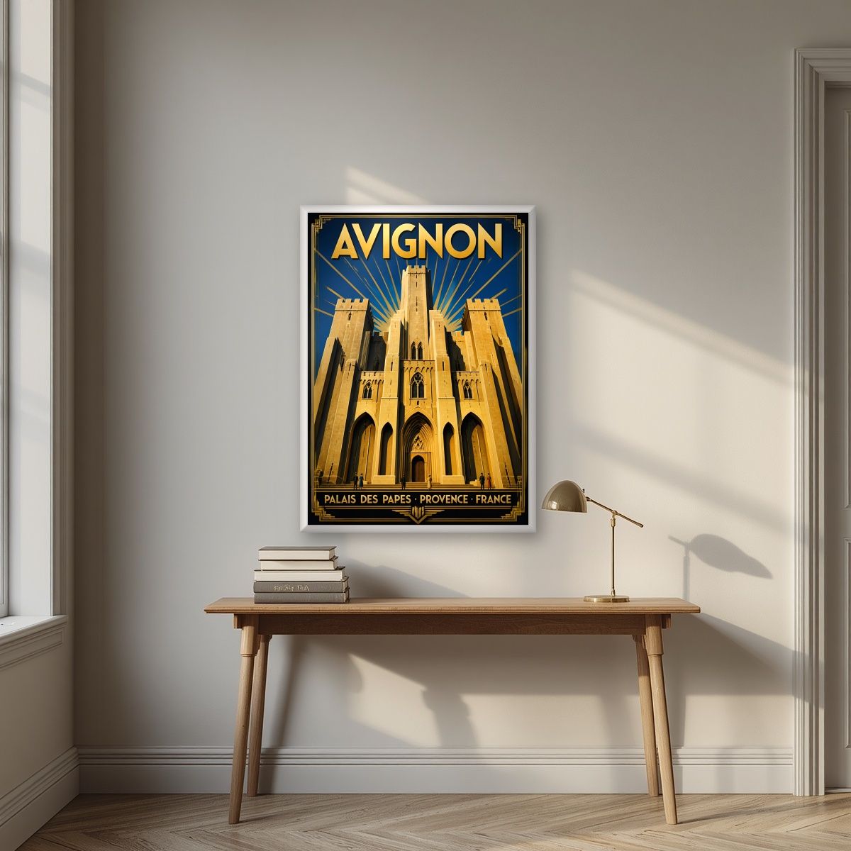 Palais des Papes — Provence art print, in a white frame, styled in a desk