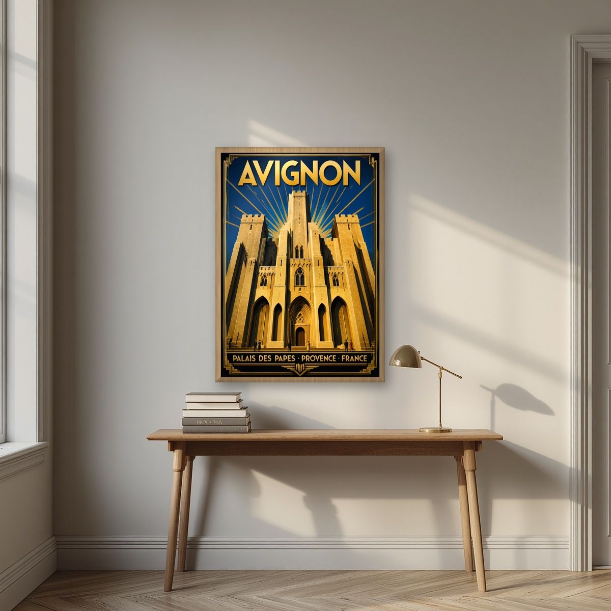 Palais des Papes — Provence art print, in an oak frame, styled in a desk