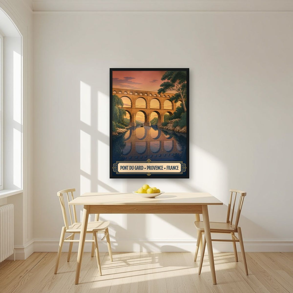 Pont du Gard — Provence art print, in a black frame, styled in a kitchen