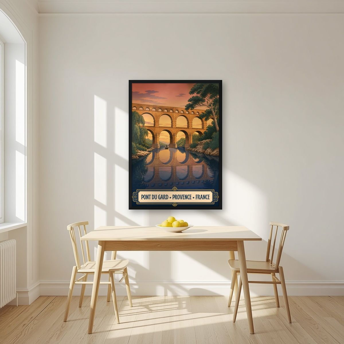 Pont du Gard — Provence art print, in a black frame, styled in a kitchen