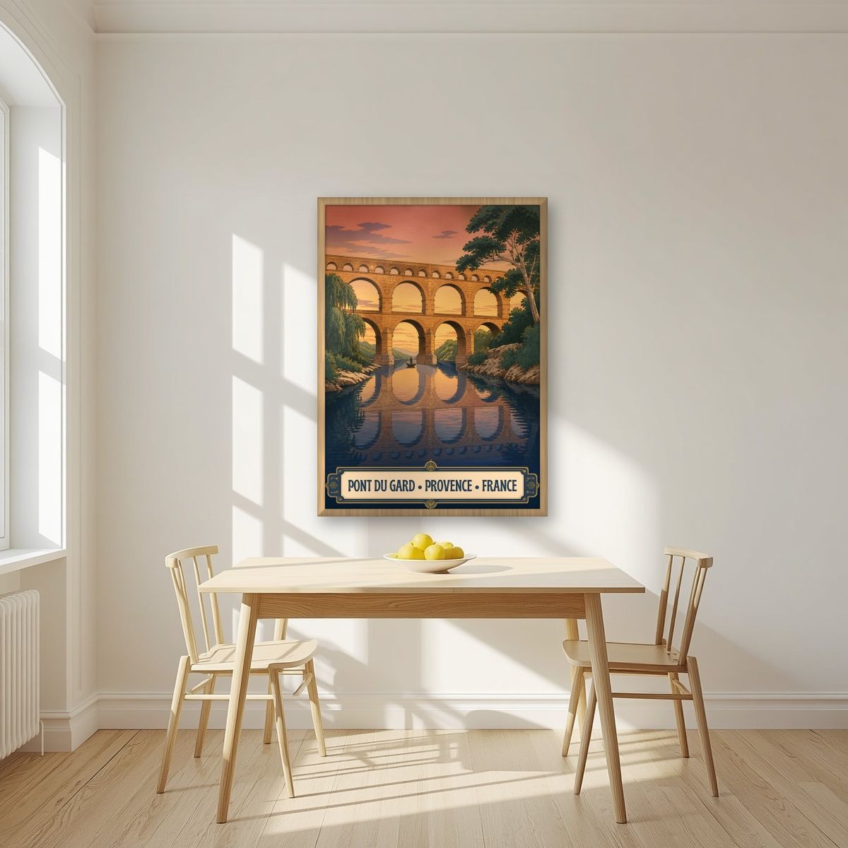 Pont du Gard — Provence art print, in an oak frame, styled in a kitchen