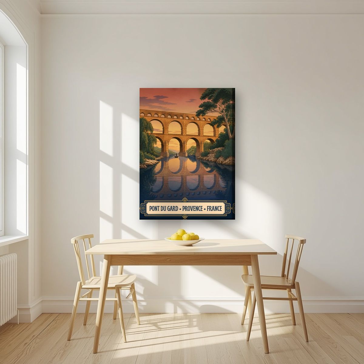 Pont du Gard — Provence art print, on slim canvas, styled in a kitchen