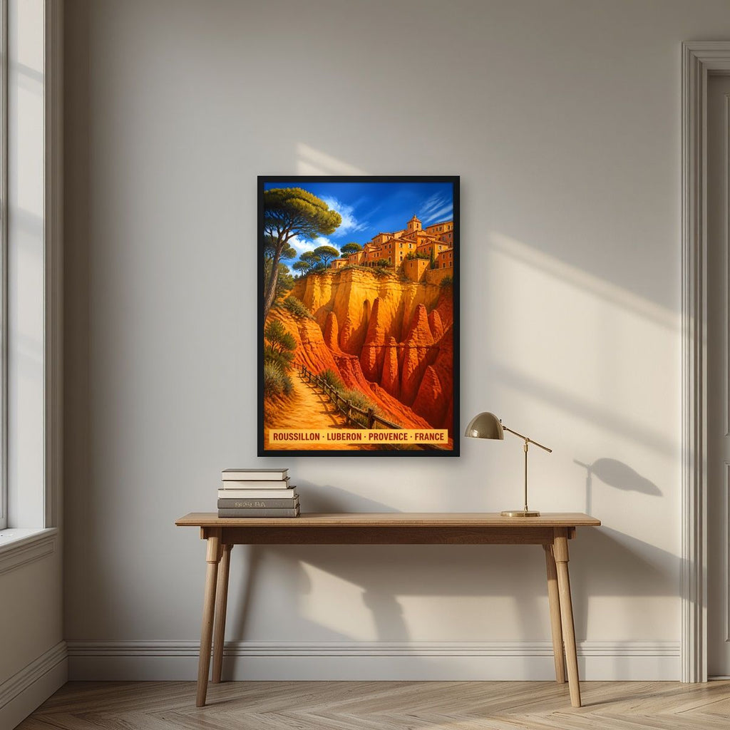 Roussillon — Provence art print, in a black frame, styled in a desk