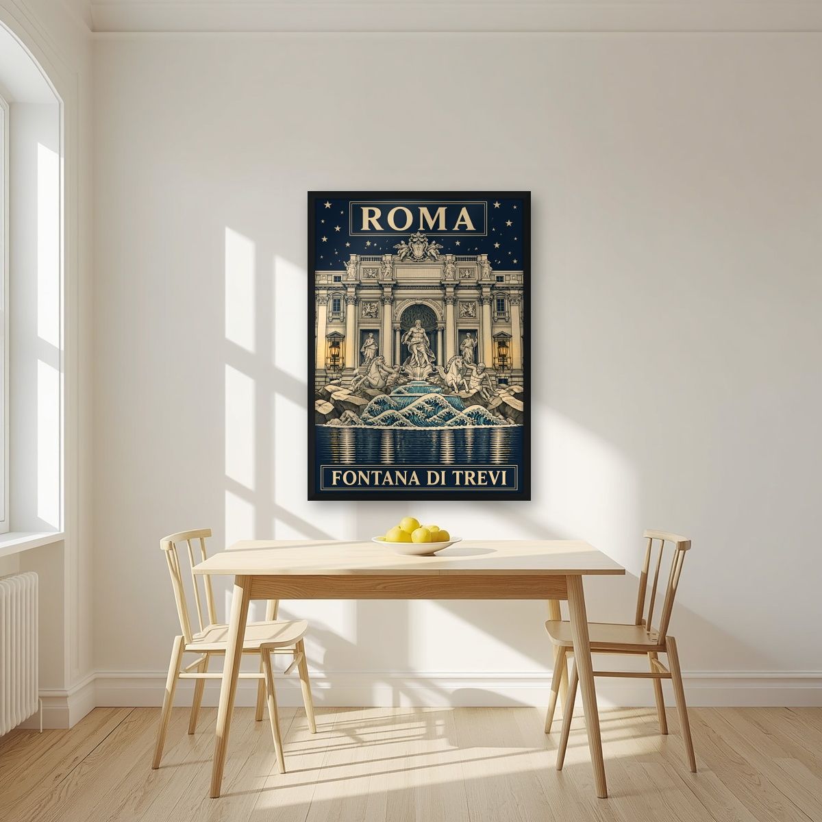 Fontana Di Trevi — Rome art print, in a black frame, styled in a kitchen