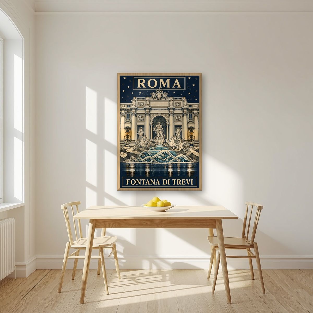 Fontana Di Trevi — Rome art print, in an oak frame, styled in a kitchen