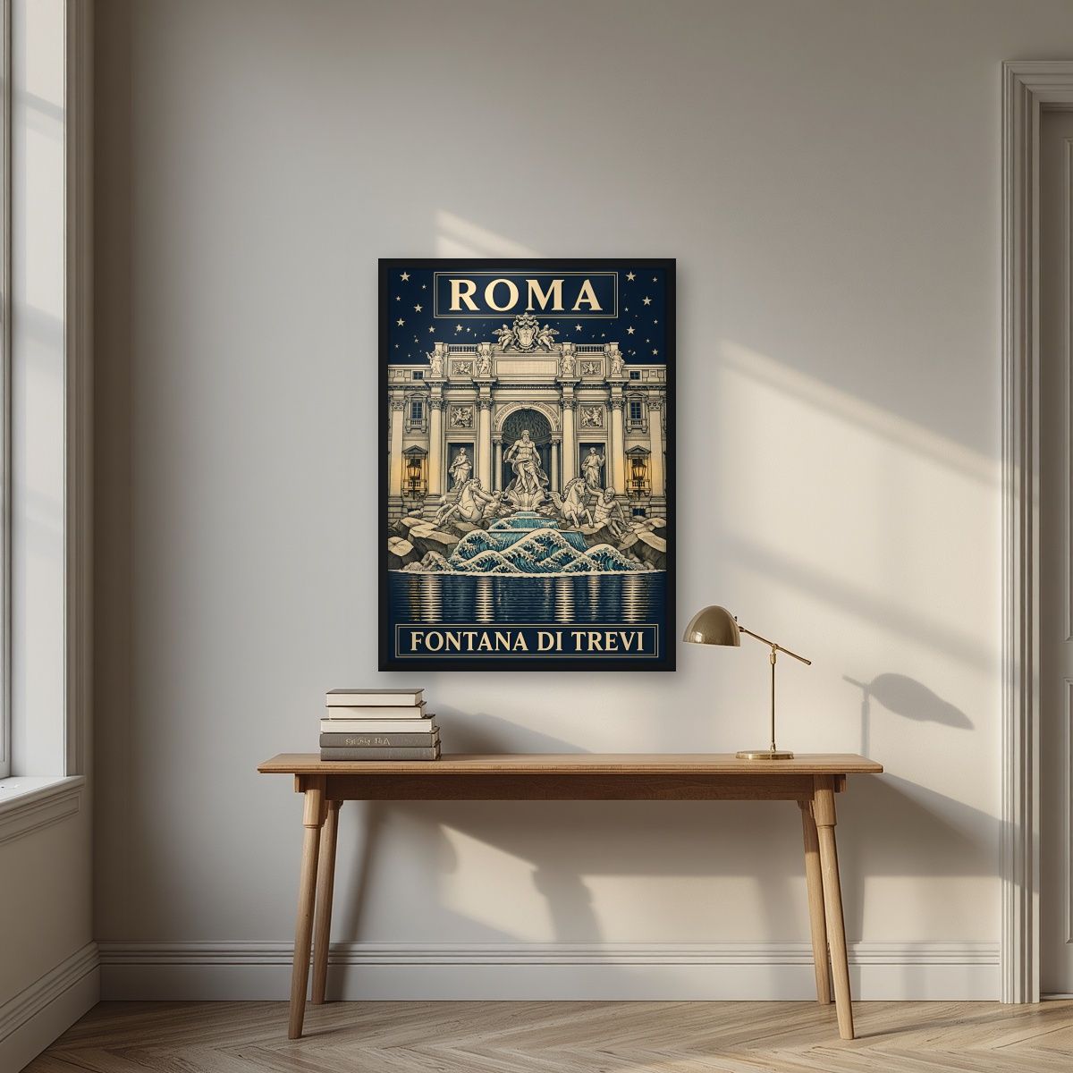 Fontana Di Trevi — Rome art print, in a black frame, styled in a desk