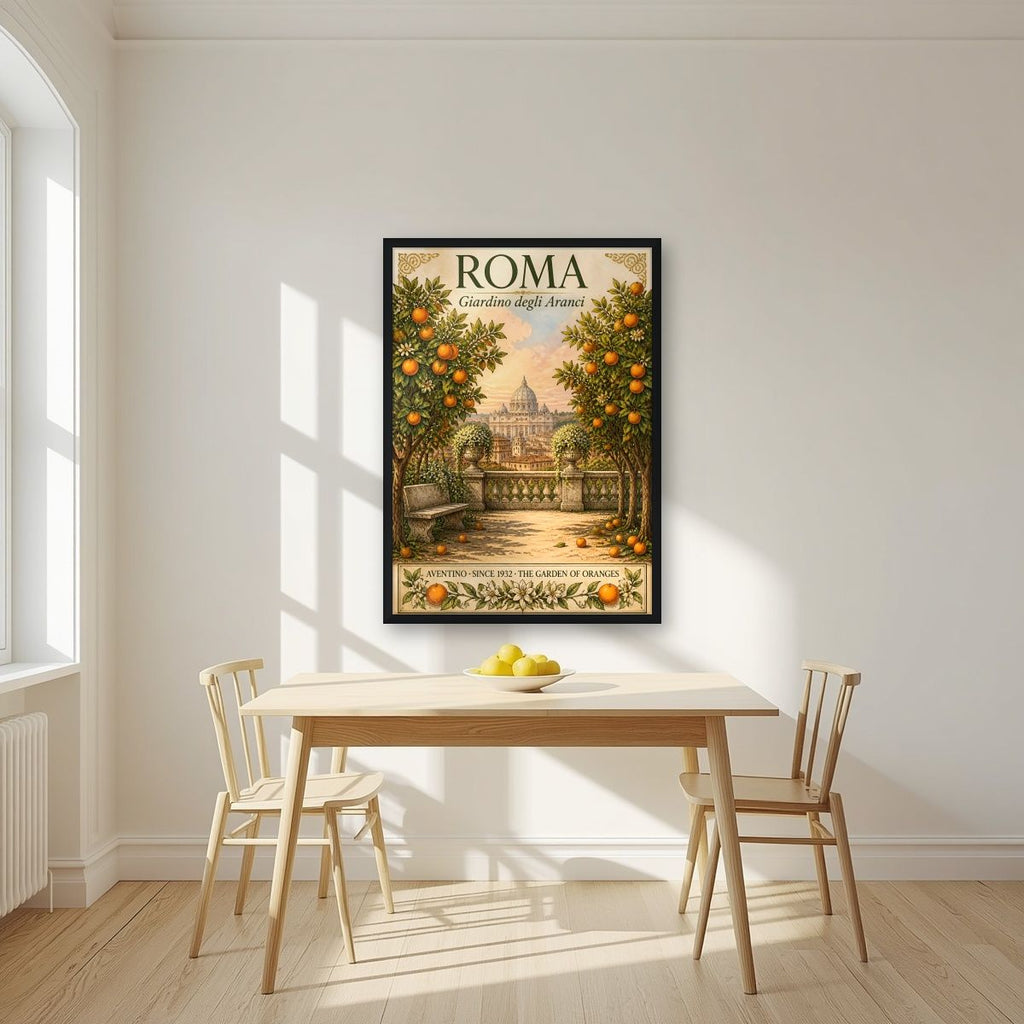 Giardino Degli Aranci — Rome art print, in a black frame, styled in a kitchen