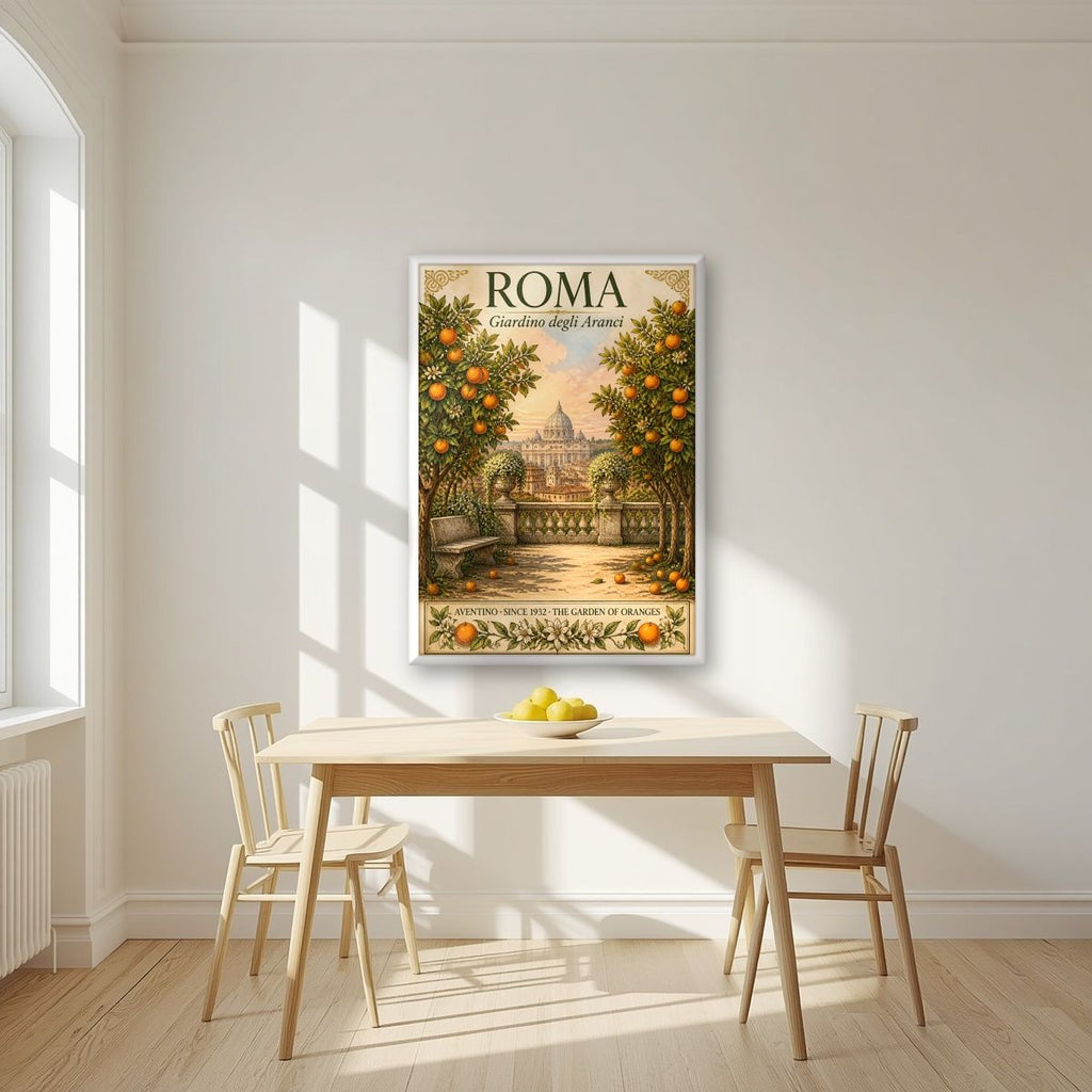 Giardino Degli Aranci — Rome art print, in a white frame, styled in a kitchen