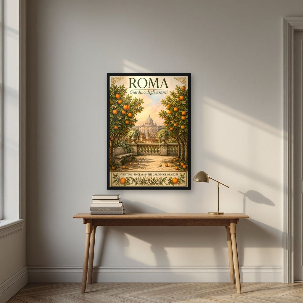 Giardino Degli Aranci — Rome art print, in a black frame, styled in a desk