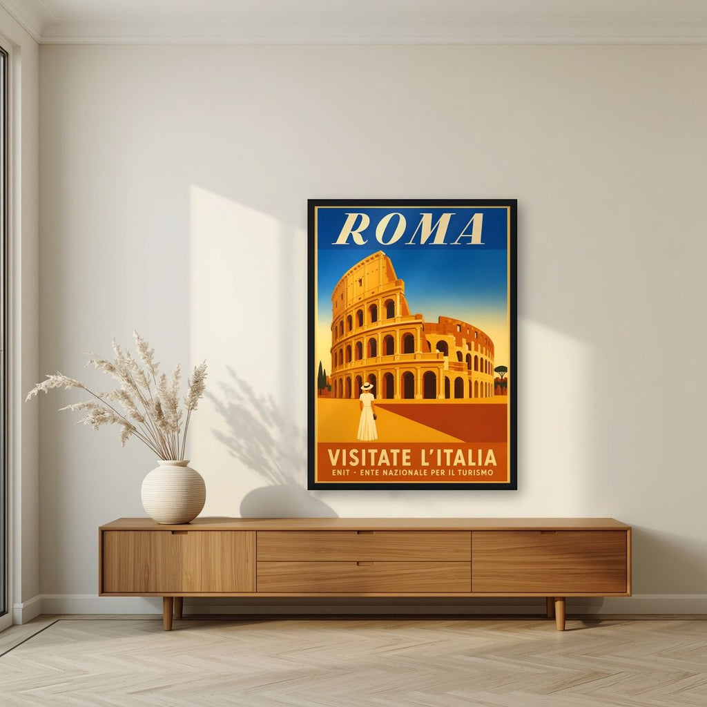 Il Colosseo — Rome art print, in a black frame, styled in a living room