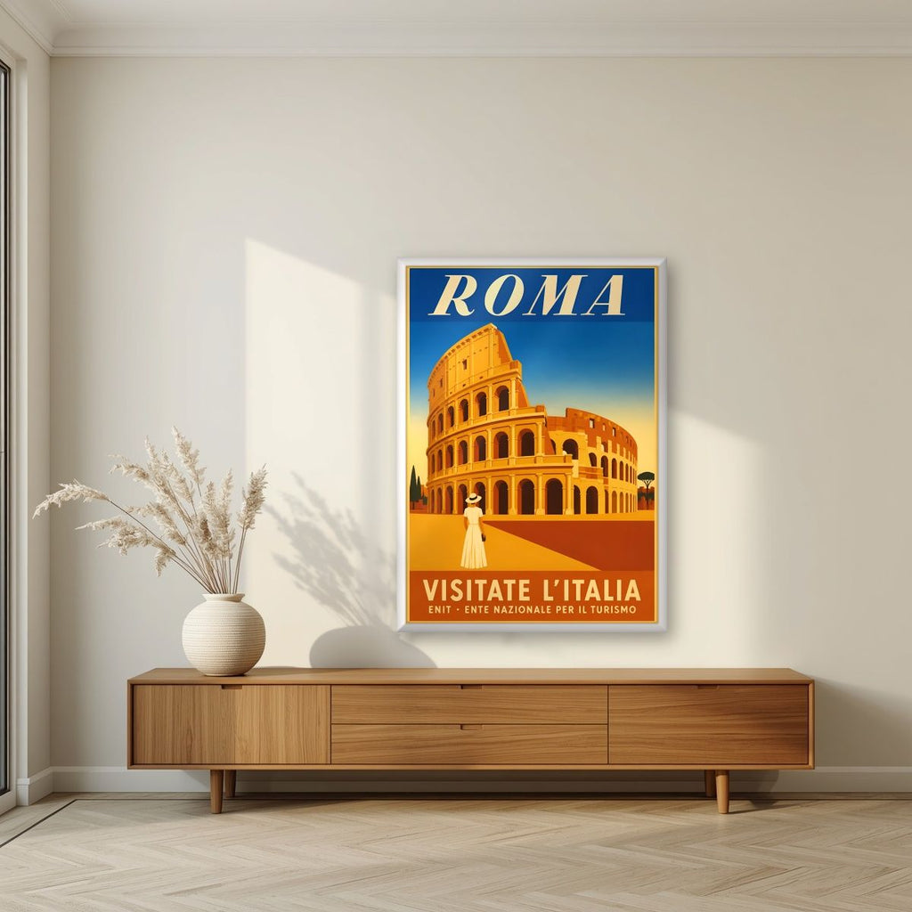 Il Colosseo — Rome art print, in a white frame, styled in a living room