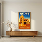 Il Colosseo — Rome art print, in an oak frame, styled in a living room