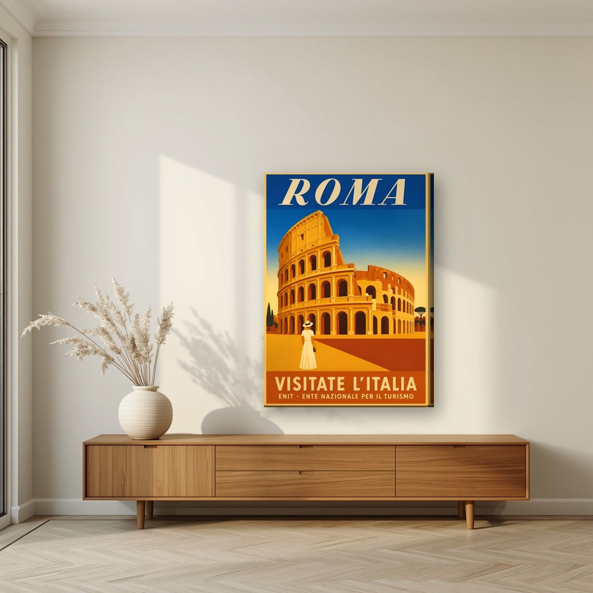 Il Colosseo — Rome art print, on slim canvas, styled in a living room