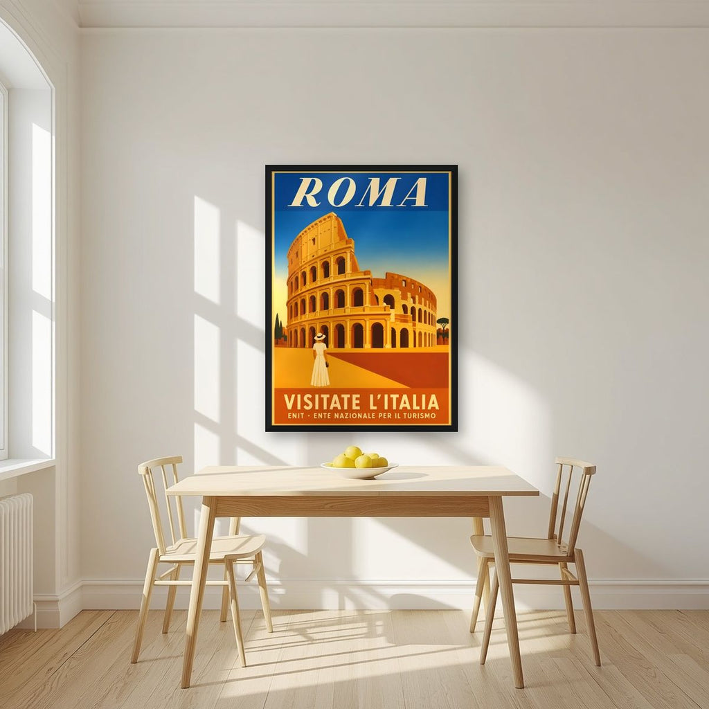 Il Colosseo — Rome art print, in a black frame, styled in a kitchen