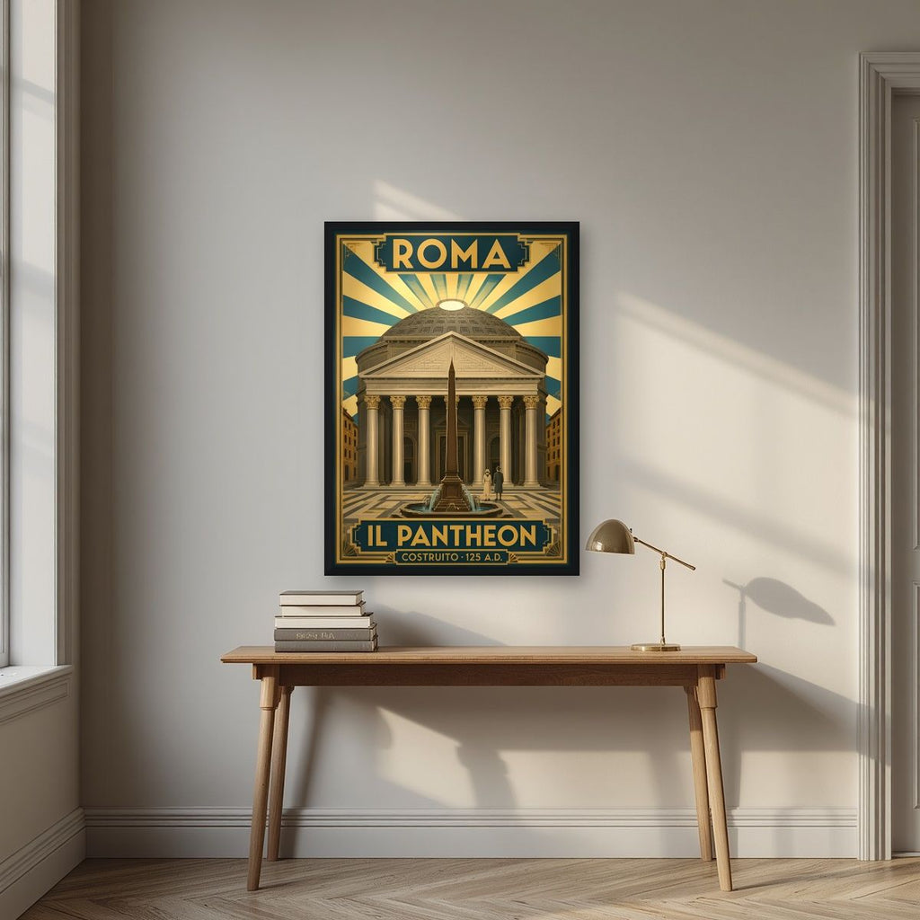 Il Pantheon — Rome art print, in a black frame, styled in a desk