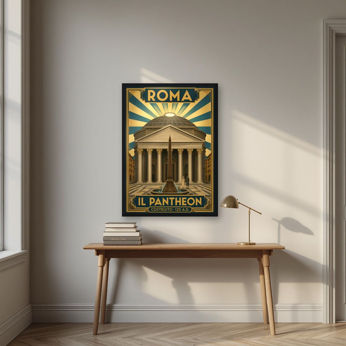 Il Pantheon — Rome art print, in a black frame, styled in a desk