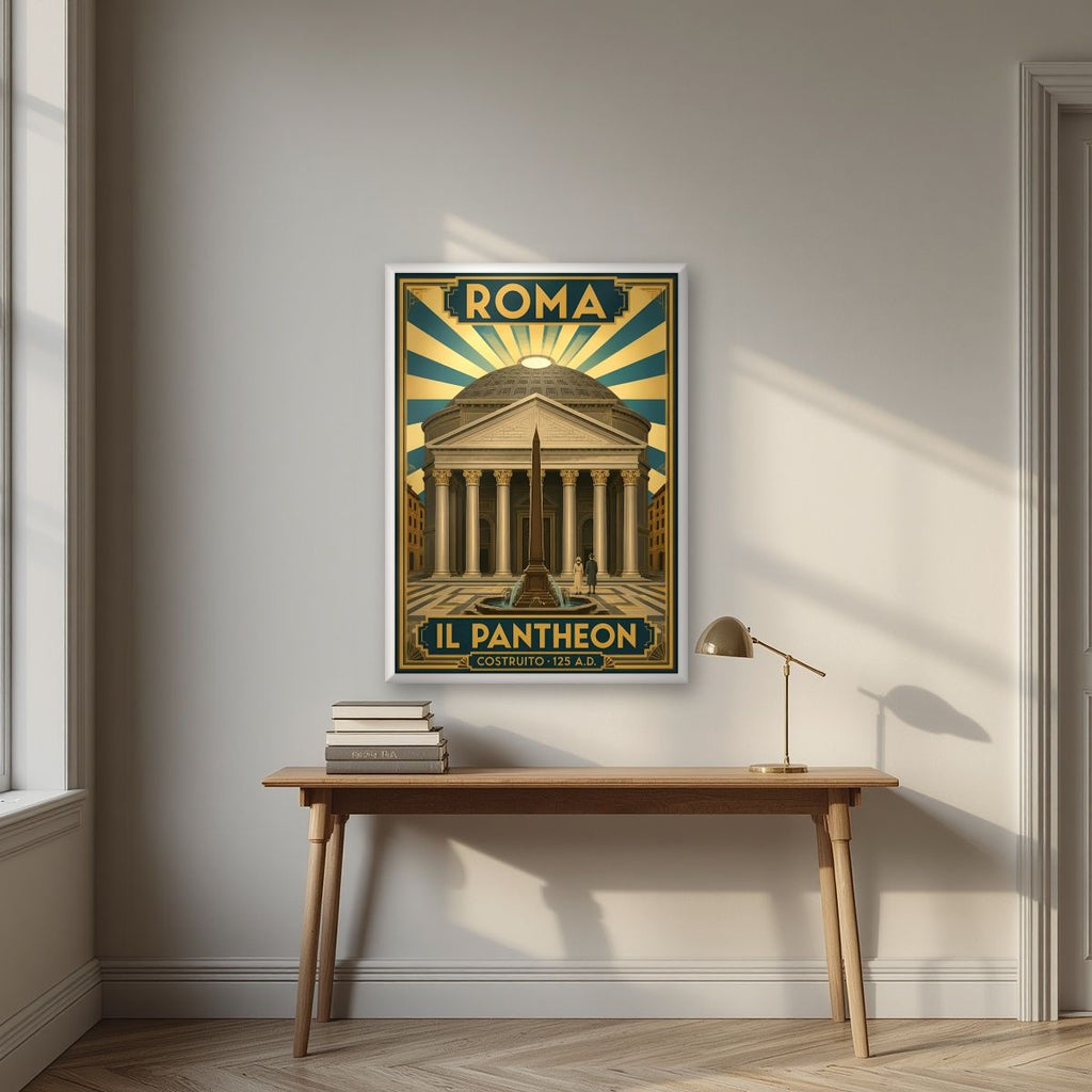 Il Pantheon — Rome art print, in a white frame, styled in a desk