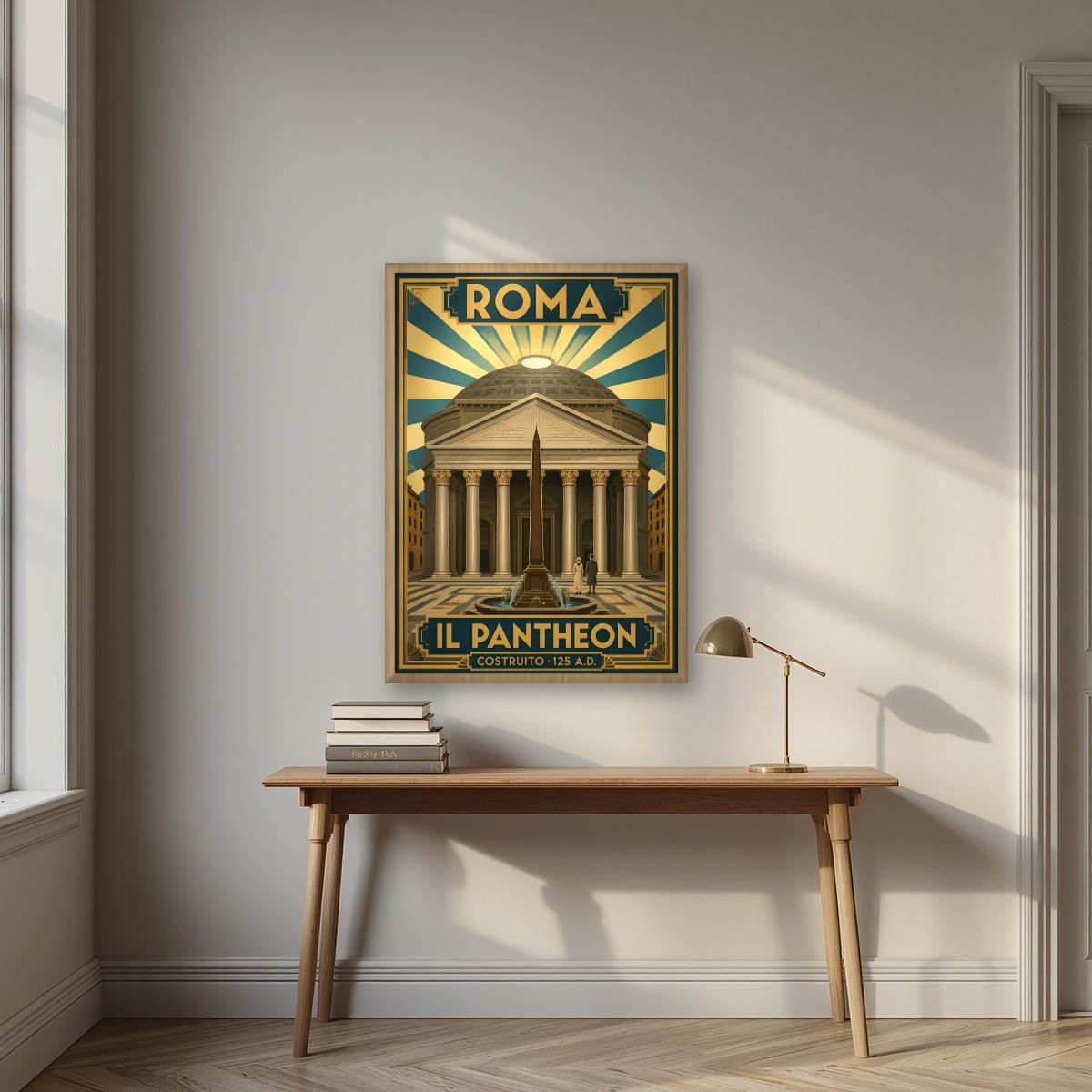 Il Pantheon — Rome art print, in an oak frame, styled in a desk