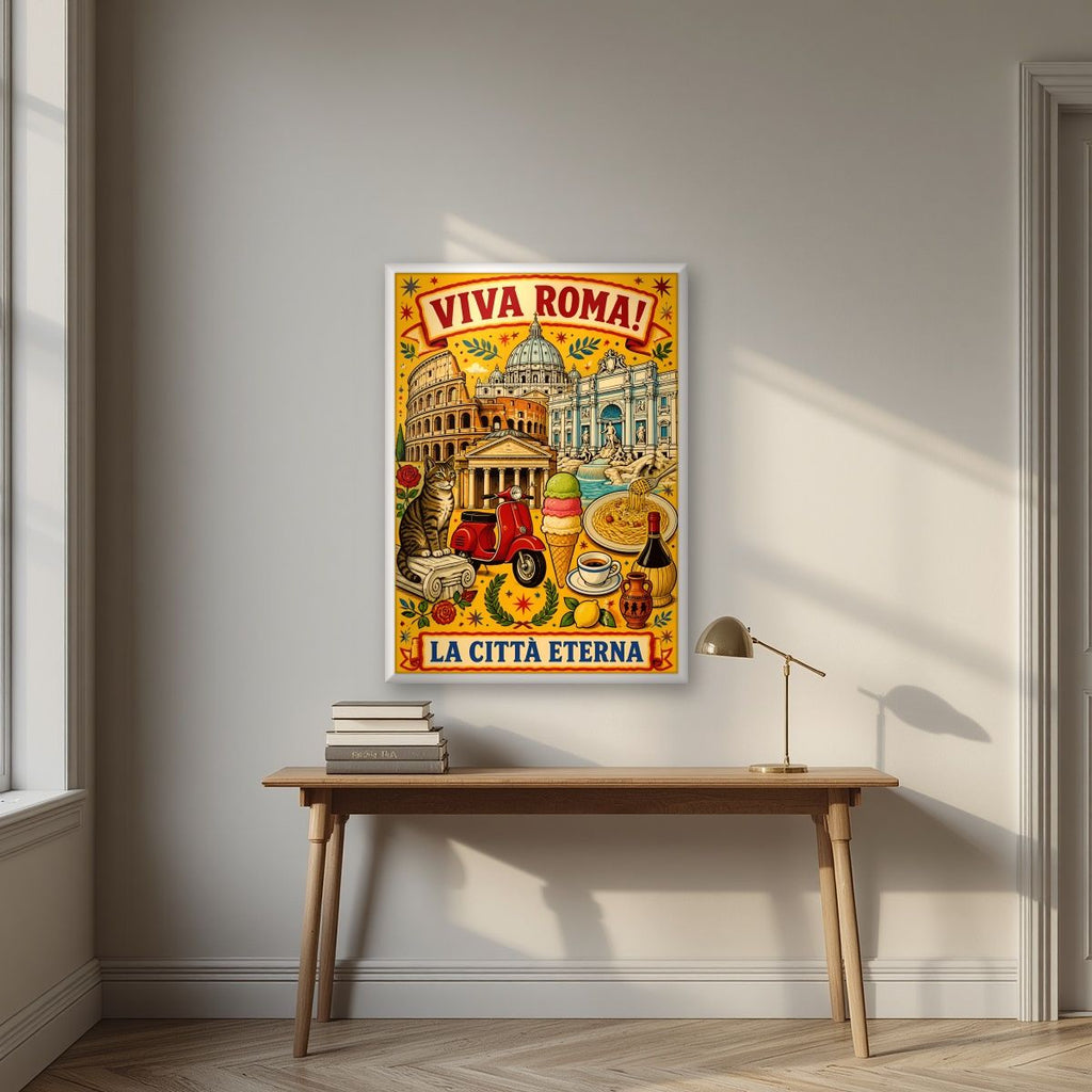 La Città Eterna — Rome art print, in a white frame, styled in a desk