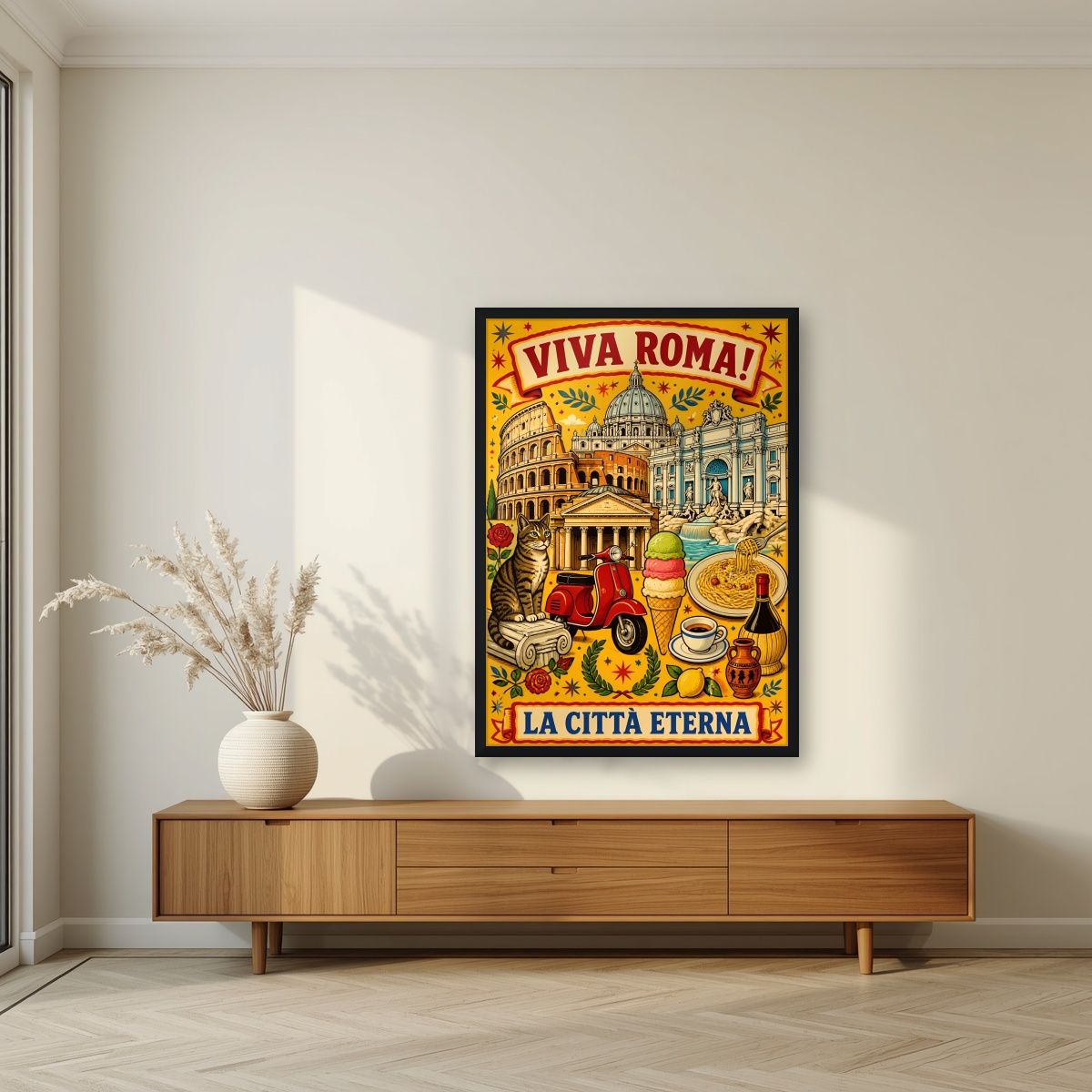 La Città Eterna — Rome art print, in a black frame, styled in a living room