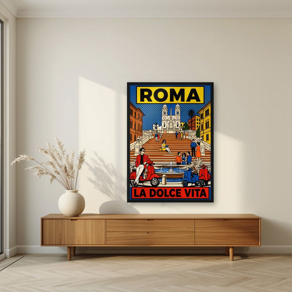 La Dolce Vita — Rome art print, in a black frame, styled in a living room