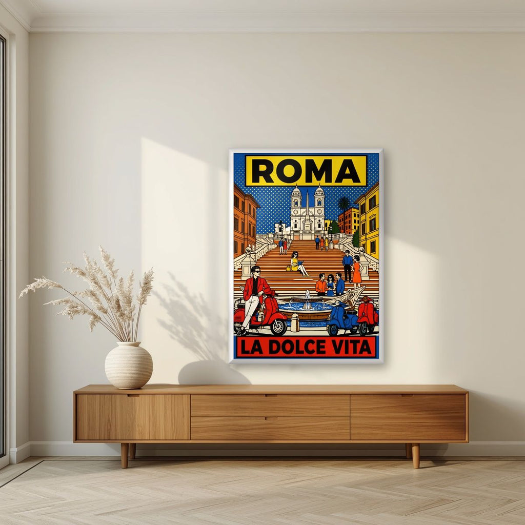 La Dolce Vita — Rome art print, in a white frame, styled in a living room