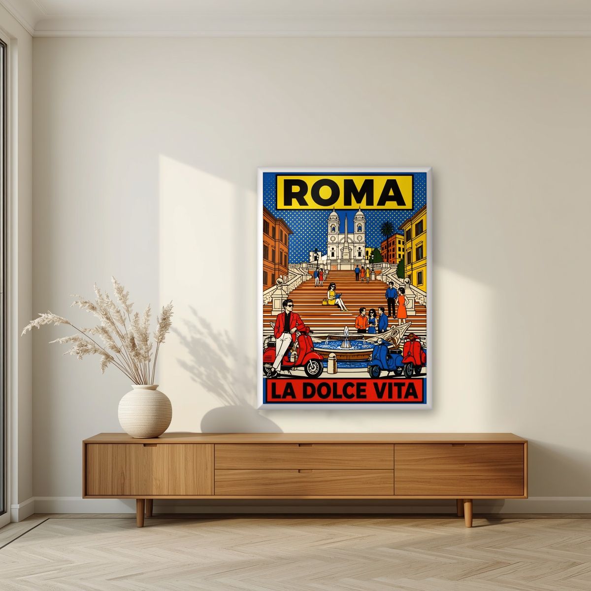 La Dolce Vita — Rome art print, in a white frame, styled in a living room