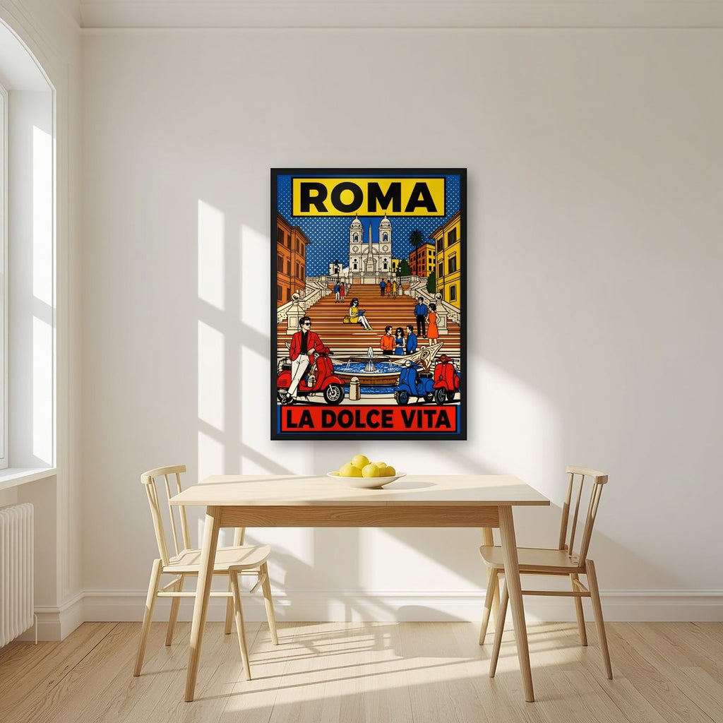 La Dolce Vita — Rome art print, in a black frame, styled in a kitchen