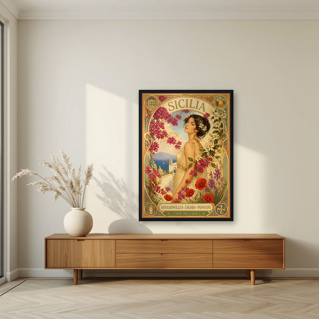 I Fiori Dell'Isola — Sicily art print, in a black frame, styled in a living room
