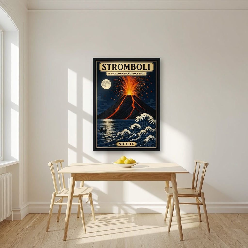 Il Vulcano Di Fuoco — Sicily art print, in a black frame, styled in a kitchen