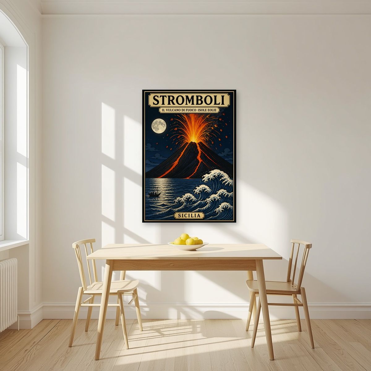 Il Vulcano Di Fuoco — Sicily art print, unframed poster, styled in a kitchen